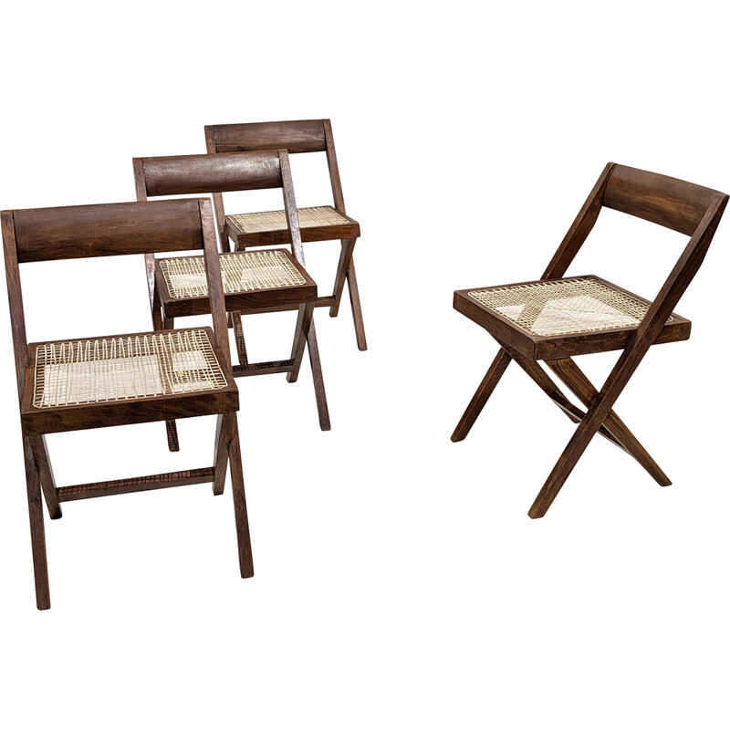 Set di 4 sedie vintage "Library" in teak e canna di Pierre Jeanneret, India 1960