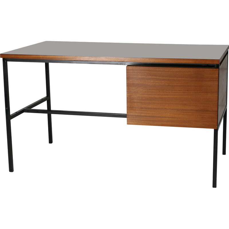 Vintage desk in black lacquered steel and wood by Pierre Guariche, France 1955s