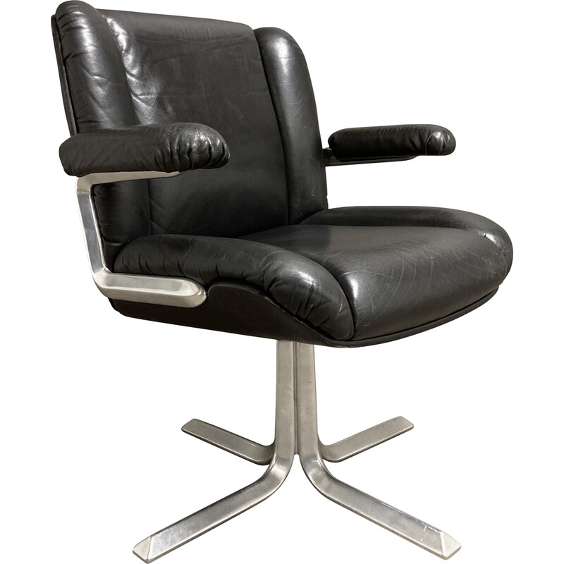 Vintage swivel armchair in black leather and aluminum, 1960s