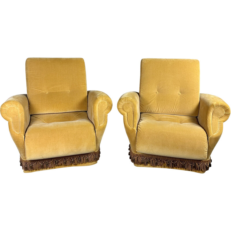 Paar vintage geel fluwelen fauteuils, 1950-1960