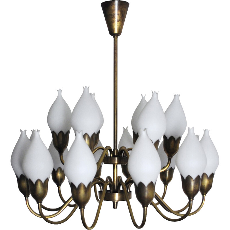 Vintage 18-arm brass and opaline glass chandelier by Ansgar Fog and Erik Mørup, Denmark