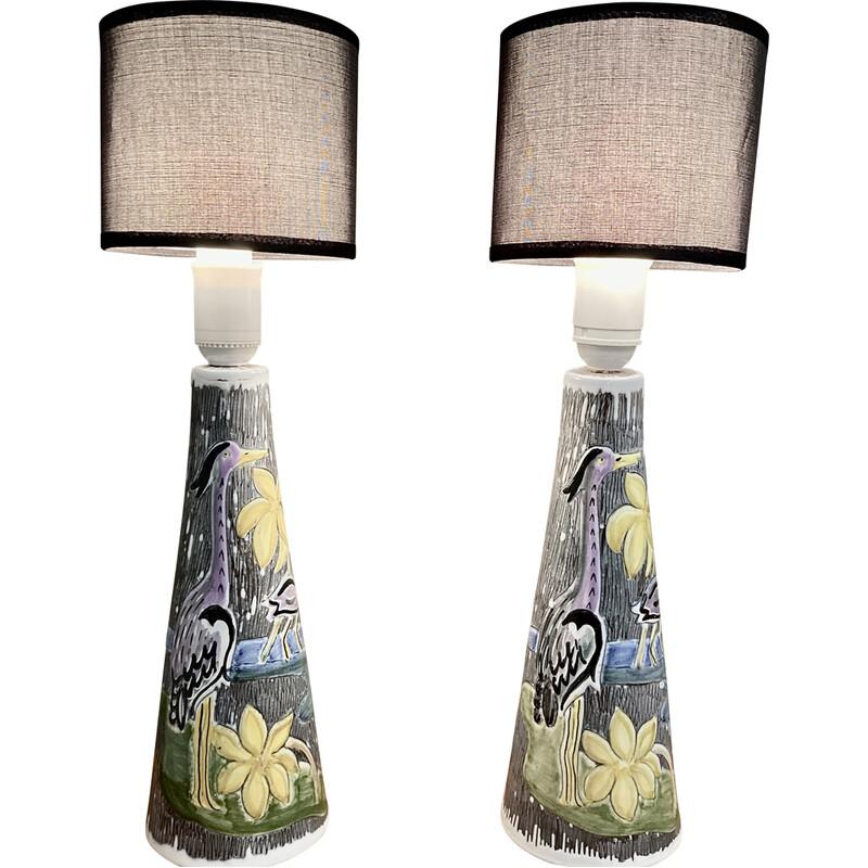 Pareja de lámparas escandinavas vintage de cerámica y tela, 1960