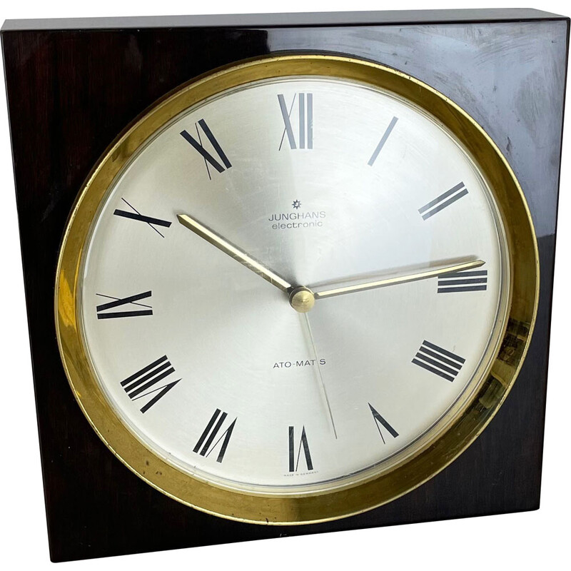 Vintage wood and brass wall clock for Junghans, Germany 1970s