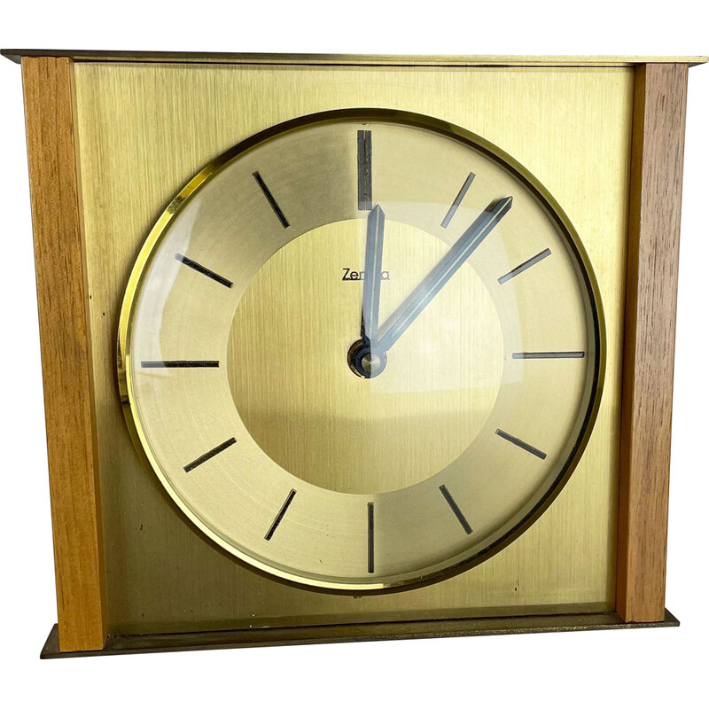 Vintage wood and brass table clock for Zentra, Germany 1970s