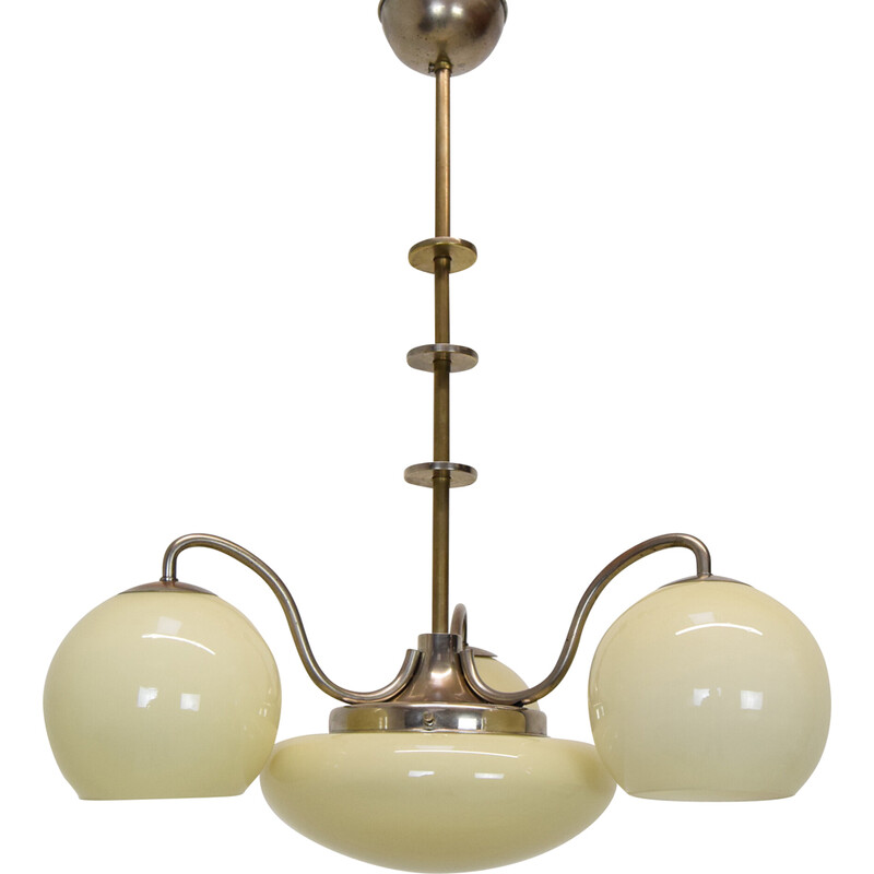 Lampadario vintage Art Déco in vetro, metallo e ottone, Cecoslovacchia, anni '30