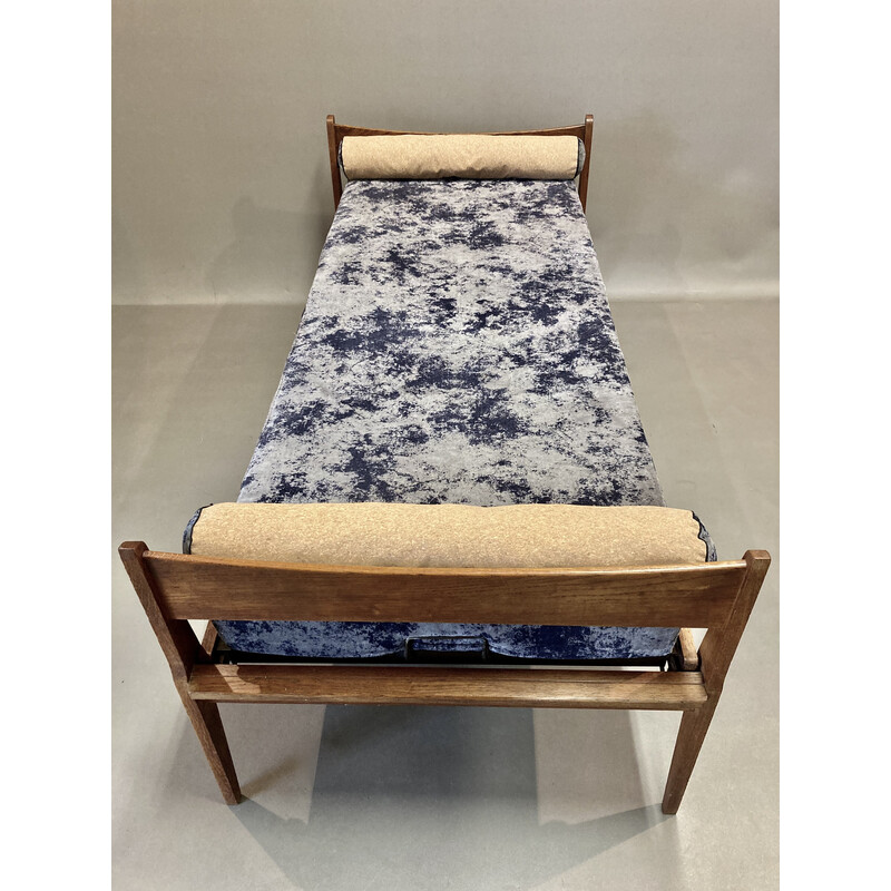 Sofá cama vintage de roble, terciopelo y corcho, 1950