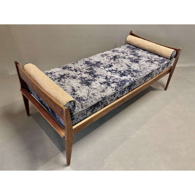Vintage oakwood, velvet and cork sofa bed, 1950s