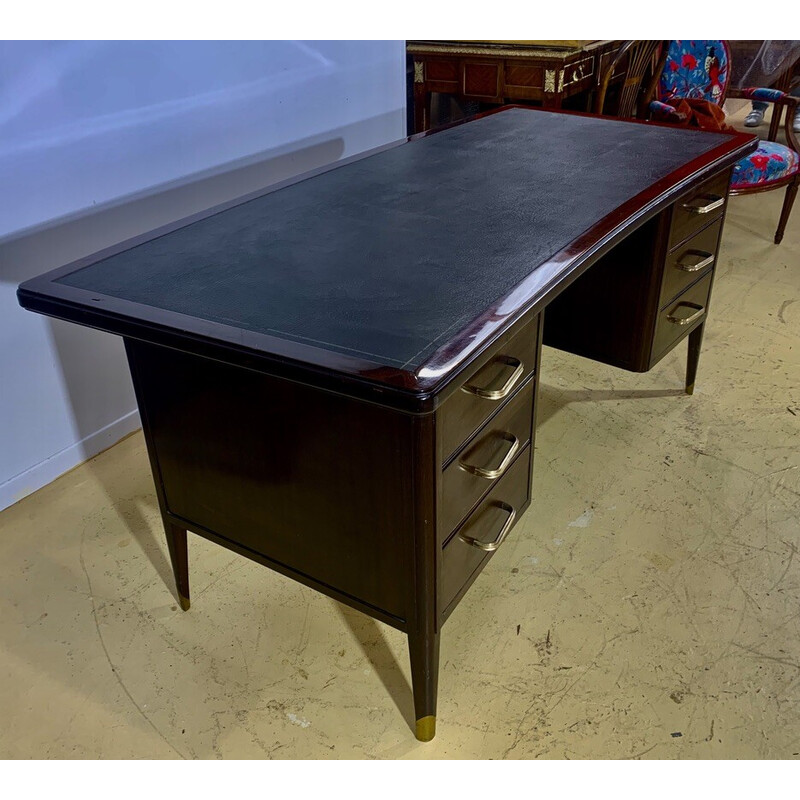 Vintage Art Deco liner desk in mahogany and leather, 1920s