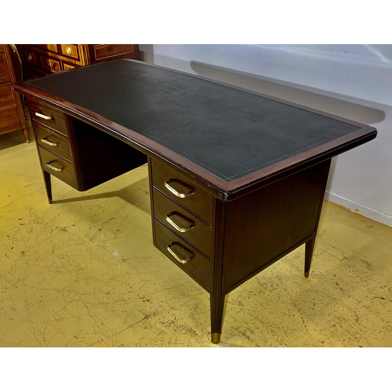Vintage Art Deco liner desk in mahogany and leather, 1920s