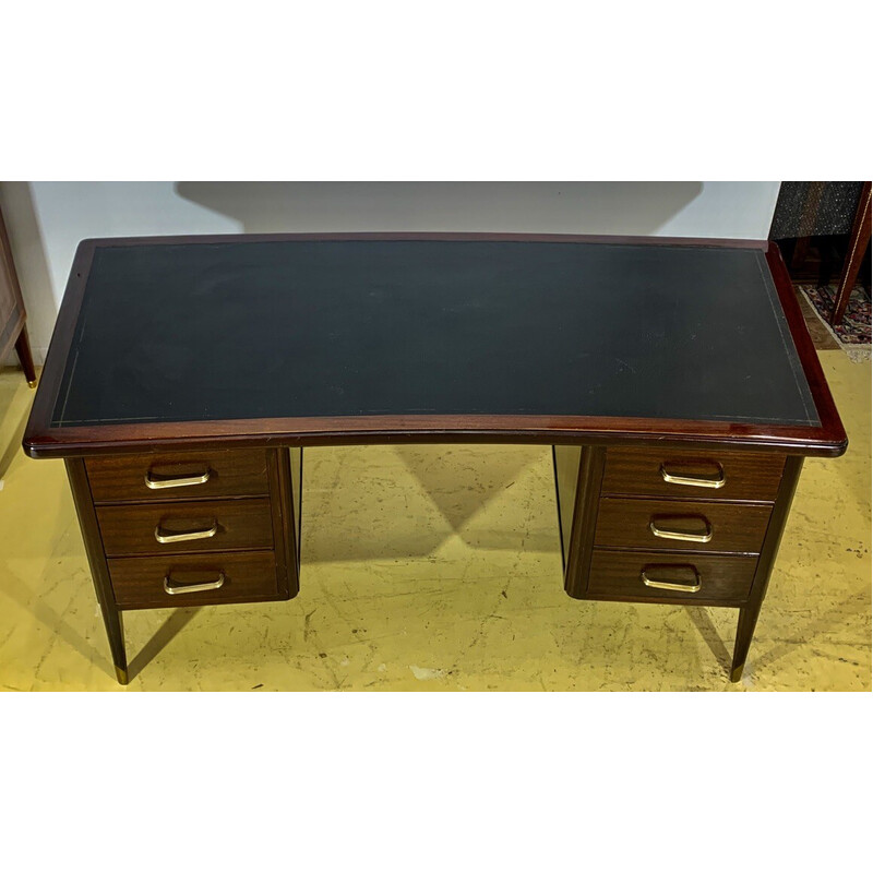 Bureau paquebot vintage Art Déco en acajou et cuir, 1920