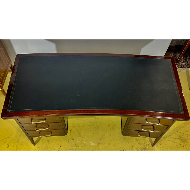 Vintage Art Deco liner desk in mahogany and leather, 1920s