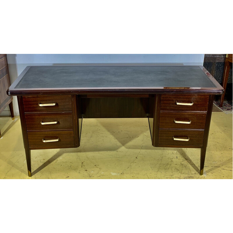Vintage Art Deco liner desk in mahogany and leather, 1920s