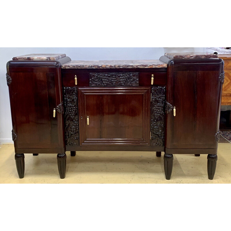 Vintage Art Deco sideboard in mahogany, marble and bronze, 1930s