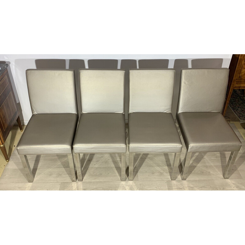 Set of 4 vintage chrome steel and skai chairs, 1960