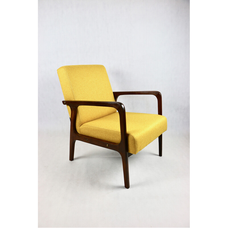 Vintage armchair in yellow tweed and dark lacquered wood, 1970s
