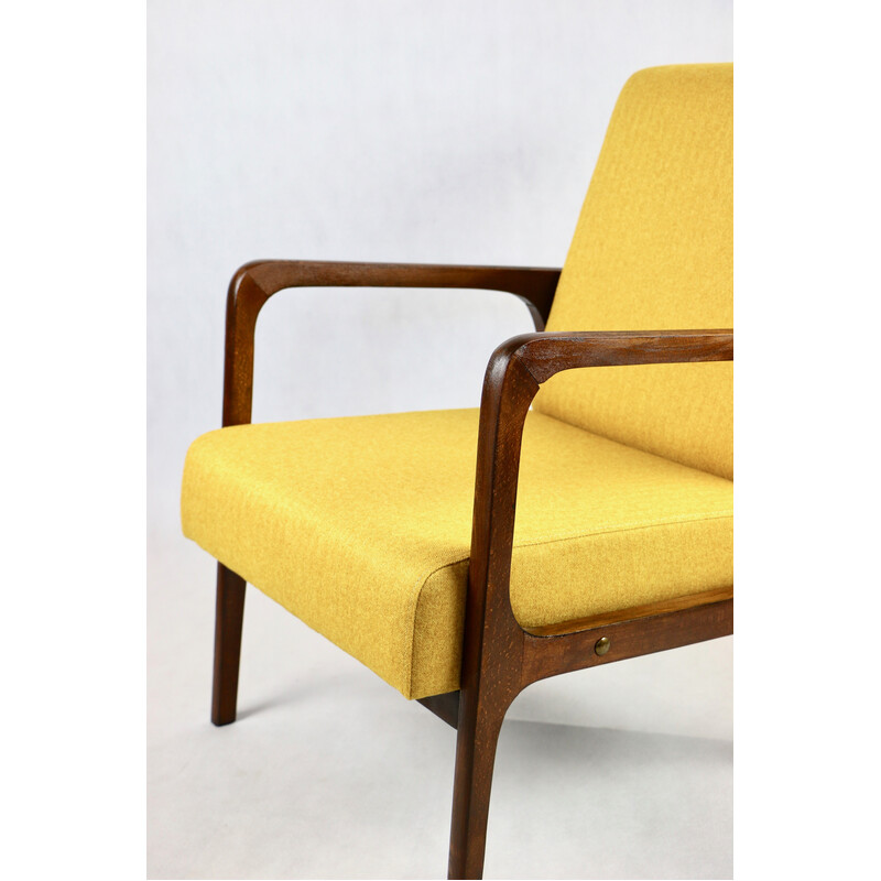 Vintage armchair in yellow tweed and dark lacquered wood, 1970s