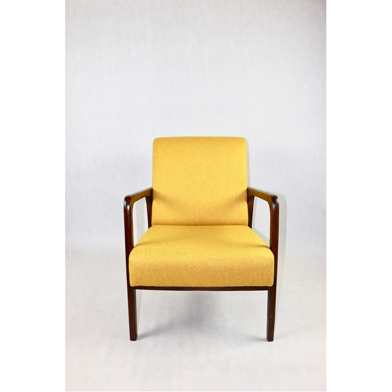 Vintage armchair in yellow tweed and dark lacquered wood, 1970s