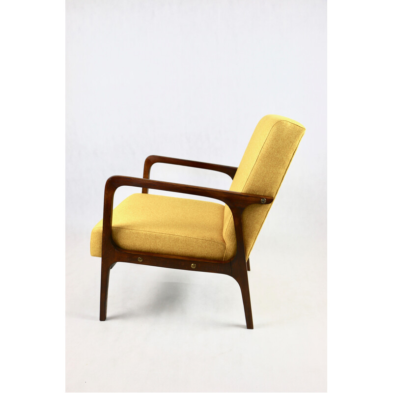 Vintage armchair in yellow tweed and dark lacquered wood, 1970s