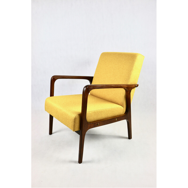 Vintage fauteuil in geel tweed en donker gelakt hout, 1970