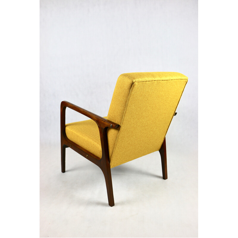 Vintage fauteuil in geel tweed en donker gelakt hout, 1970