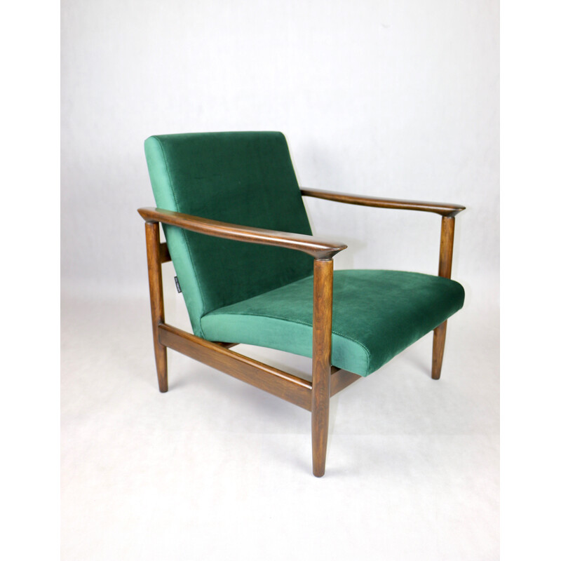 Vintage Gfm-142 armchair in lacquered wood and green velvet by Edmund Homa, 1970s