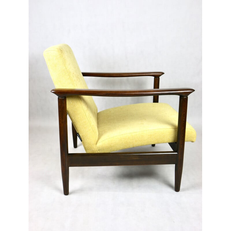 Vintage Gfm-142 armchair in lacquered wood and yellow fabric by Edmund Homa, 1970s