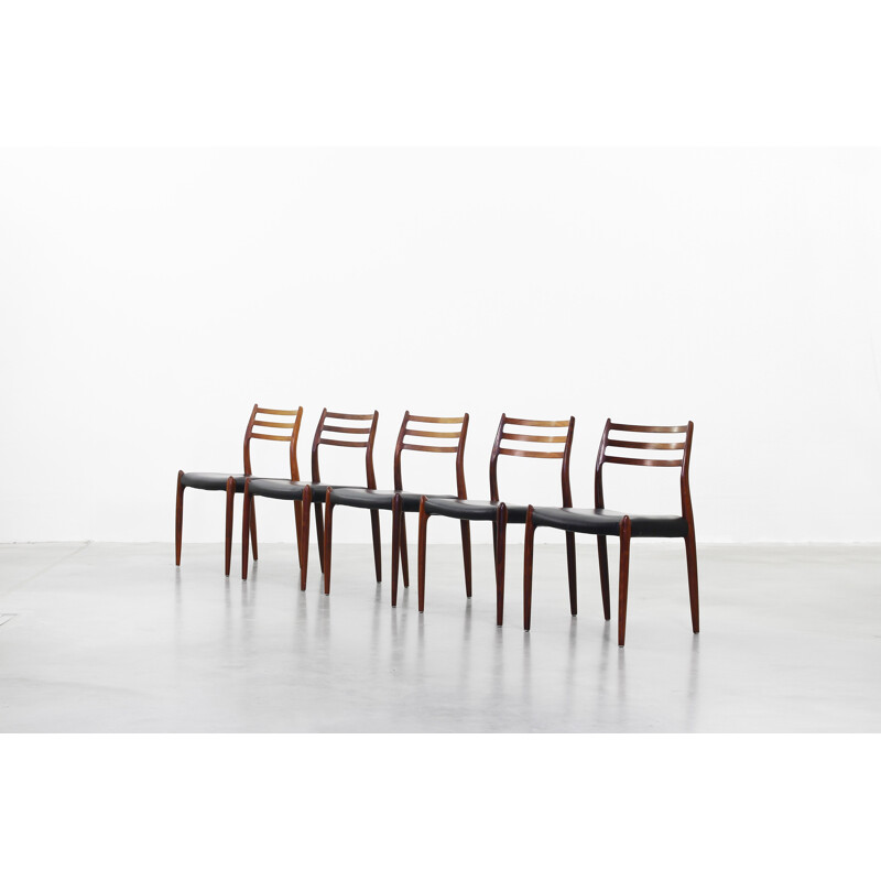 Set of 5 model 78 chairs in rosewood and leather, Niels O. Moller - 1960s