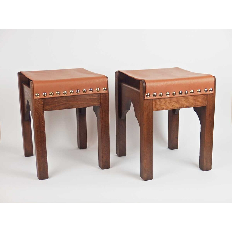 Pair of vintage Art Deco stools in solid oakwood, France 1930