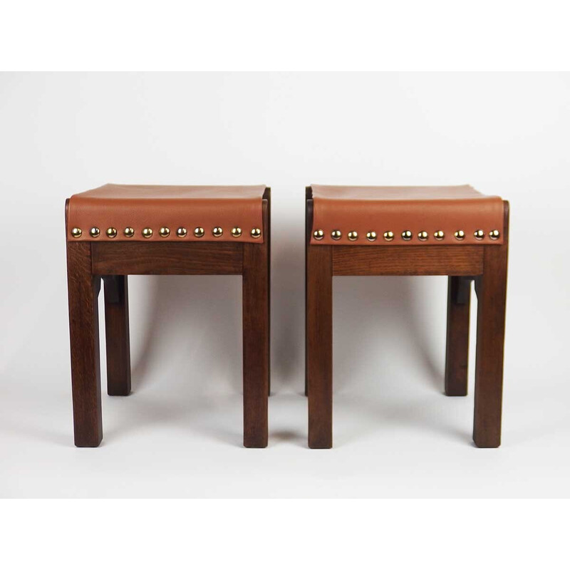 Pair of vintage Art Deco stools in solid oakwood, France 1930