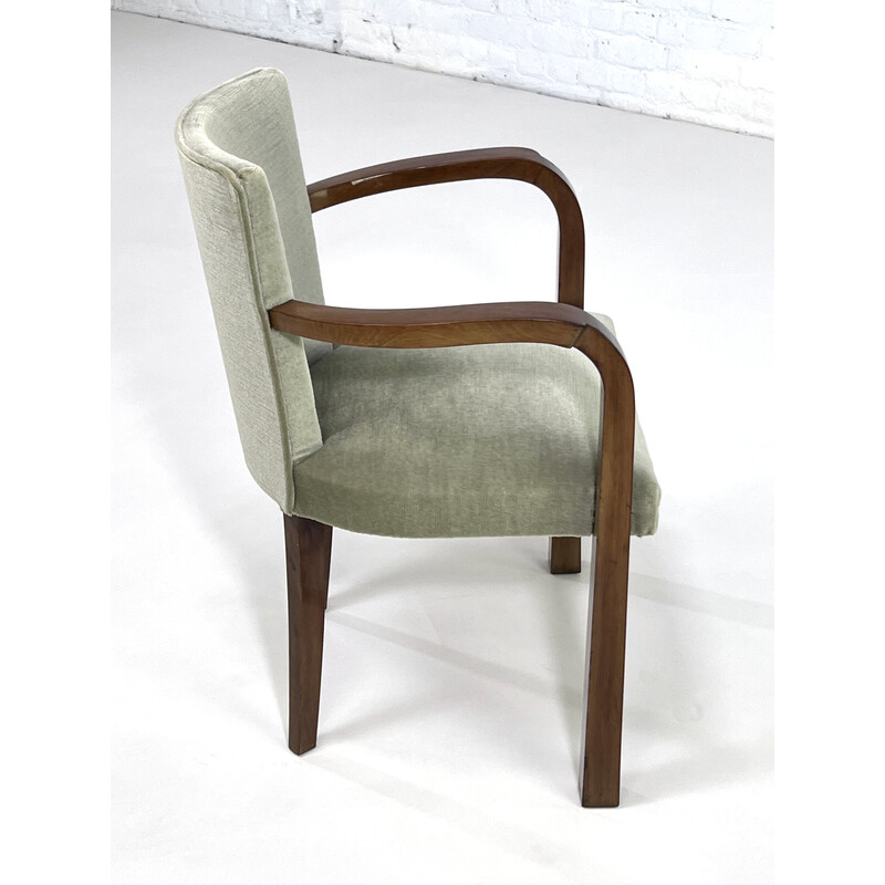 Vintage houten en fluwelen fauteuil, 1930-1940
