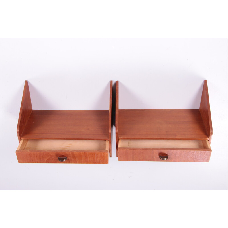 Coppia di comodini galleggianti vintage in teak con cassetto, Danimarca 1960