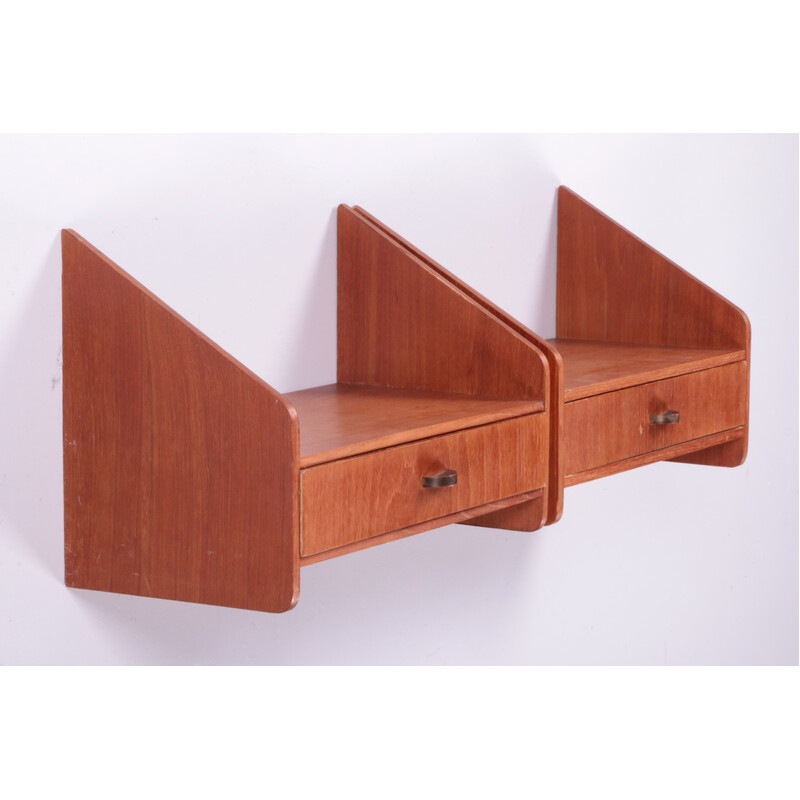 Pair of vintage teak floating night stands with drawer, Denmark 1960s