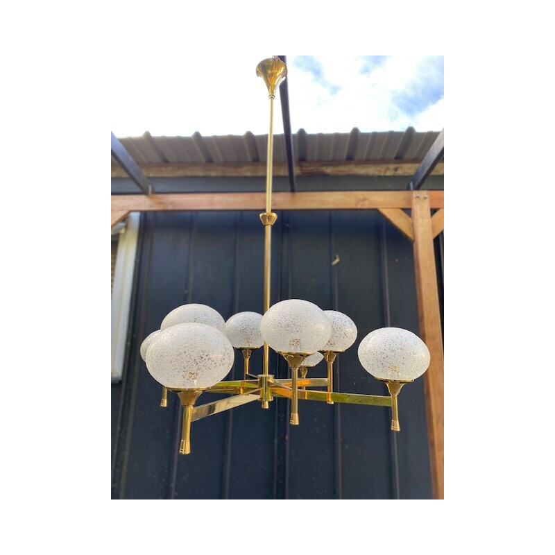 Vintage gilded chandelier with 8 globes, 1960