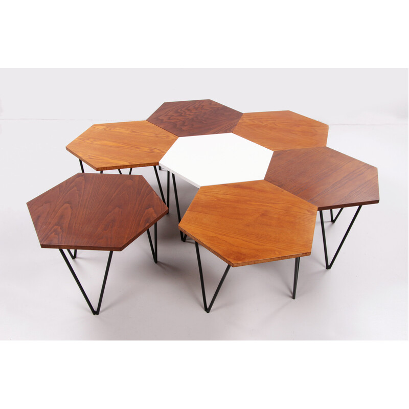 Set of 7 vintage hexagonal coffee table by Gio Ponti for Isa Bergamo, Italy 1950s