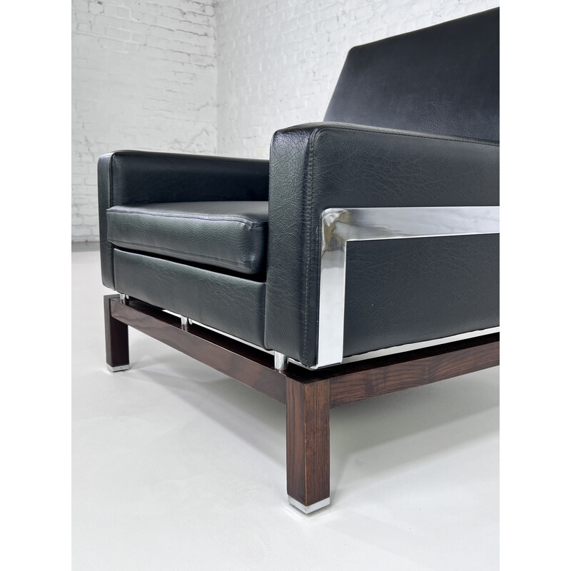 Pair of vintage wood, chrome and leatherette armchairs, 1950-1960