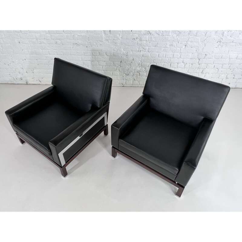 Pair of vintage wood, chrome and leatherette armchairs, 1950-1960
