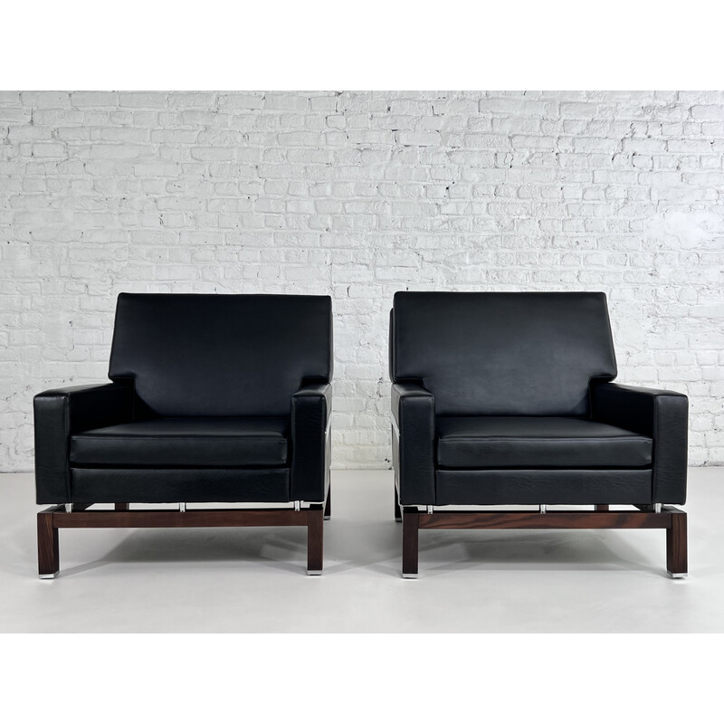 Pair of vintage wood, chrome and leatherette armchairs, 1950-1960