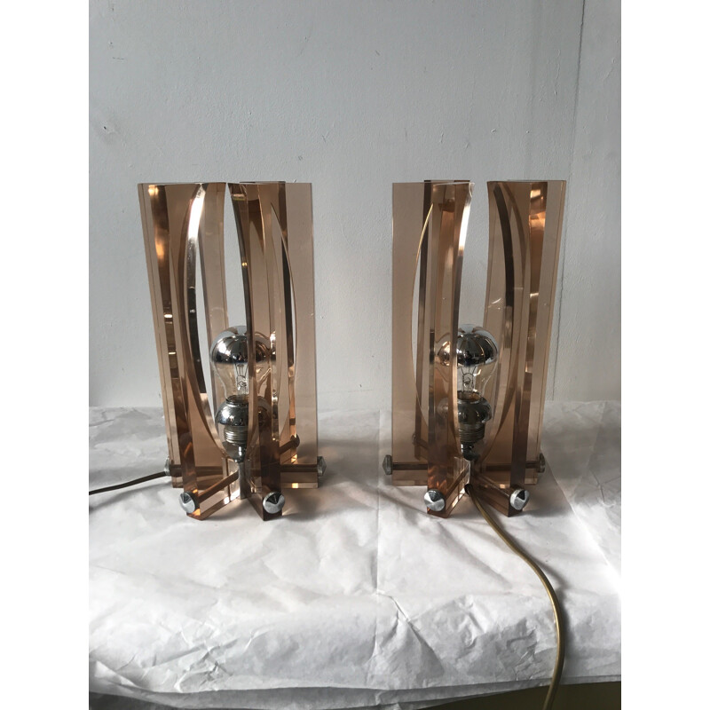 Pair of lamps in stainless steel and plexiglass by Michel Dumas - 1970