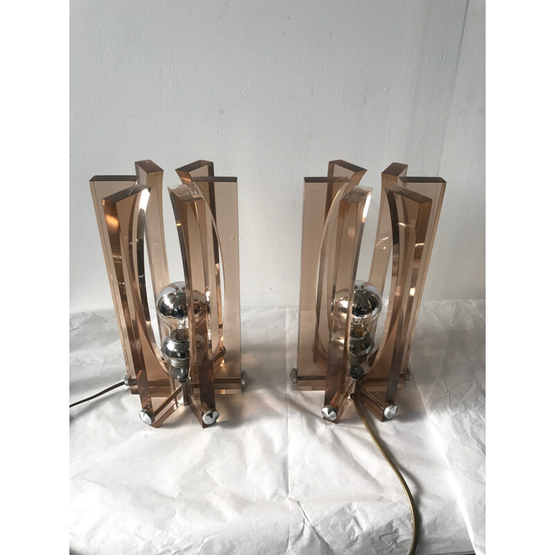 Pair of lamps in stainless steel and plexiglass by Michel Dumas - 1970