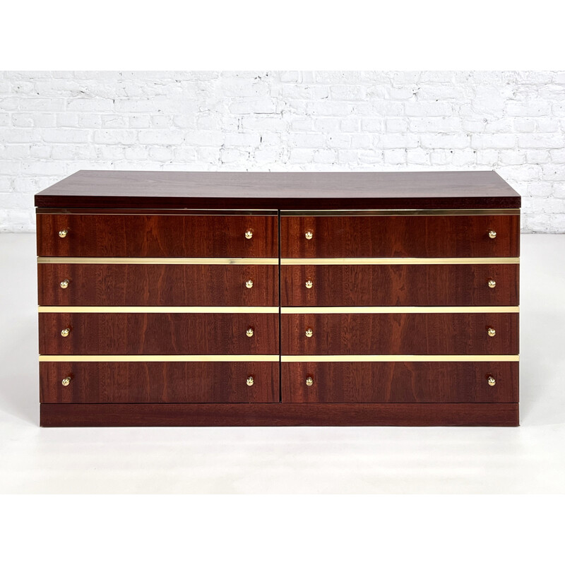 Vintage wood and brass chest of 8 drawers, 1970s