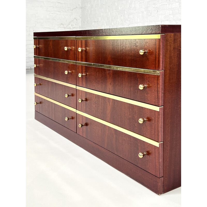 Vintage wood and brass chest of 8 drawers, 1970s