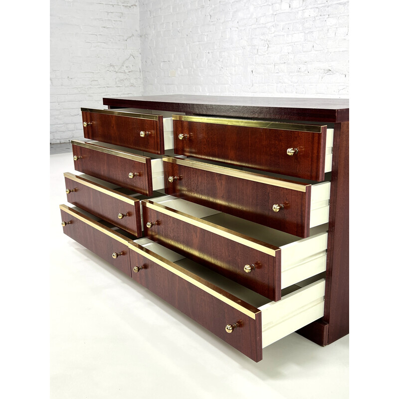 Vintage wood and brass chest of 8 drawers, 1970s