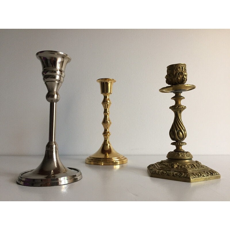 Set of 3 vintage brass and metal candlesticks