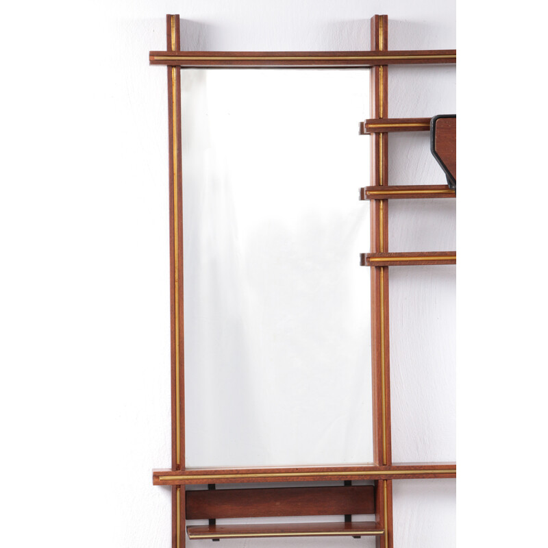 Porte manteau vintage avec banc en bois, laiton et métal, 1960