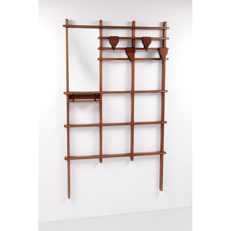 Vintage coat rack with bench in wood, brass and metal, 1960s