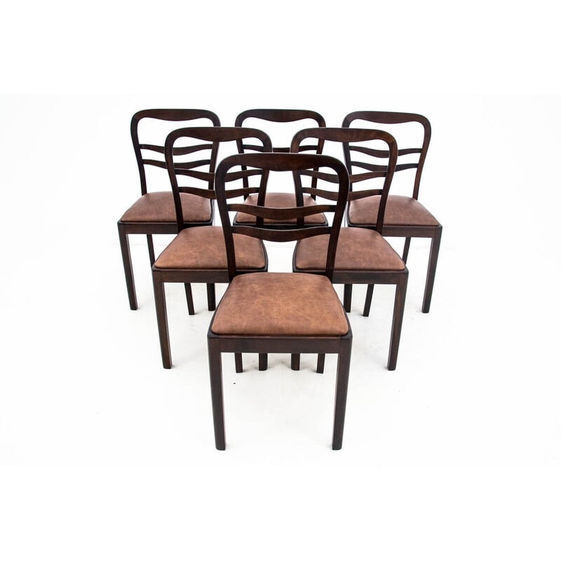 Set van 6 vintage Art Deco leren stoelen, Polen 1950