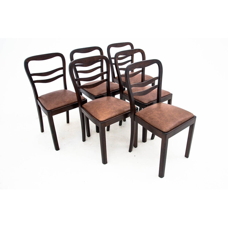 Set of 6 vintage Art Deco leather chairs, Poland 1950s