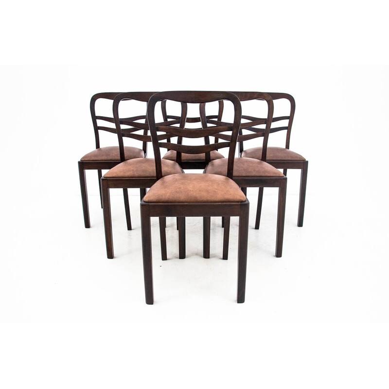 Lot de 6 chaises vintage Art Déco en cuir, Pologne 1950