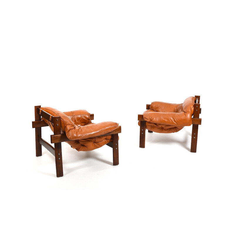 Mp41 vintage cherry and cognac leather lounge set by Percival Lafer for Mp Lafer, 1970