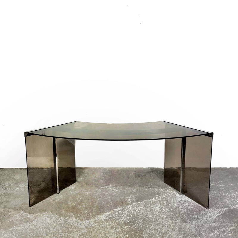 Bureau vintage en verre fumé et acier par Pierangelo Gallotti pour Gallotti & Radice, Italie 1970